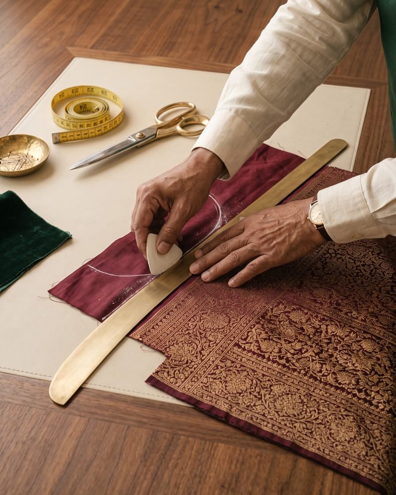 A tailor marking fabric with chalk