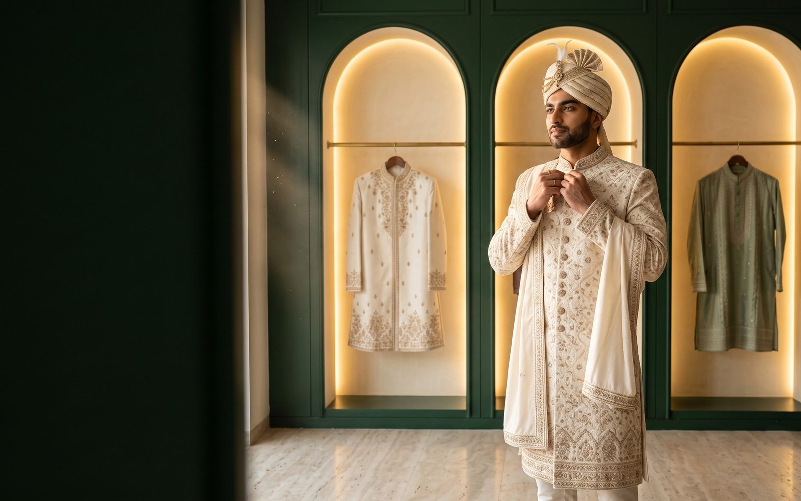 A groom wearing a Movaro Atelier sherwani