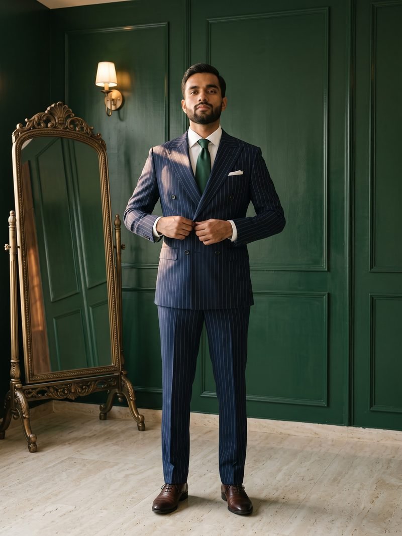 Navy Chalk-Stripe Double-Breasted Suit by Movaro Atelier