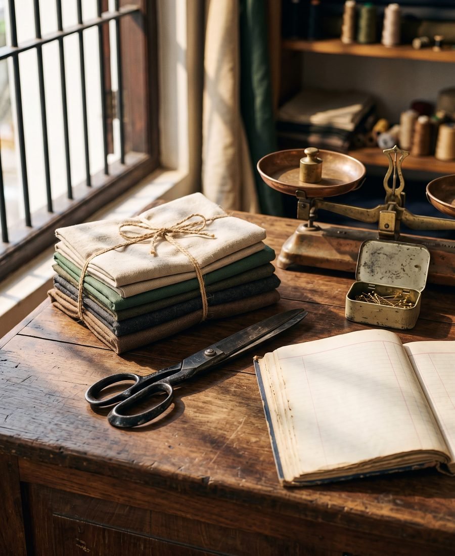 Fabric, scissors and a ledger, as it all began